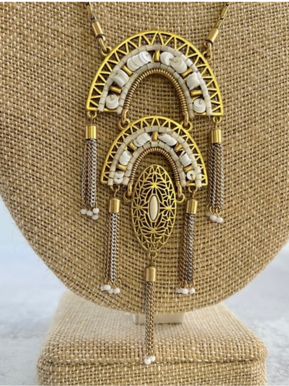 Stella & Dot Gold Pendant Necklace with White Bead Tassels - Picture 3 of 3